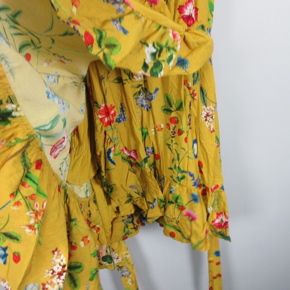 Maeve Anthropologie Yellow Floral Ruffle Wrap Mini Dress Women's Medium Boho M - Picture 5 of 15